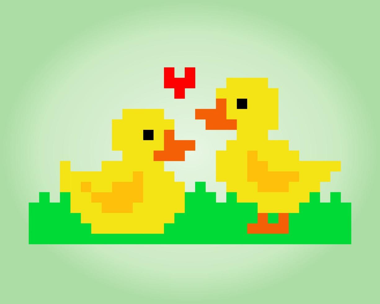 8-bit pixel eendenpaar wordt verliefd. dierenspelactiva in vectorillustraties. vector