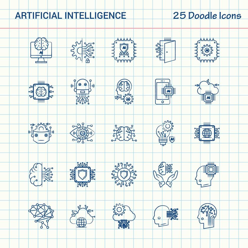 kunstmatig intelligentie- 25 tekening pictogrammen hand- getrokken bedrijf icoon reeks vector