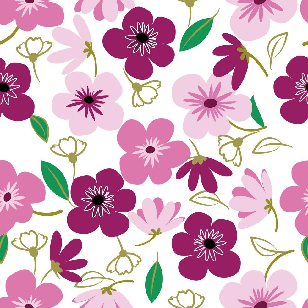 Purper roze madeliefje bloemblad voorjaar bloem bloesem vector naadloos patroon, abstract flora illustratie tekening Aan wit achtergrond voor mode kleding stof textiel afdrukken, behang en papier omhulsel