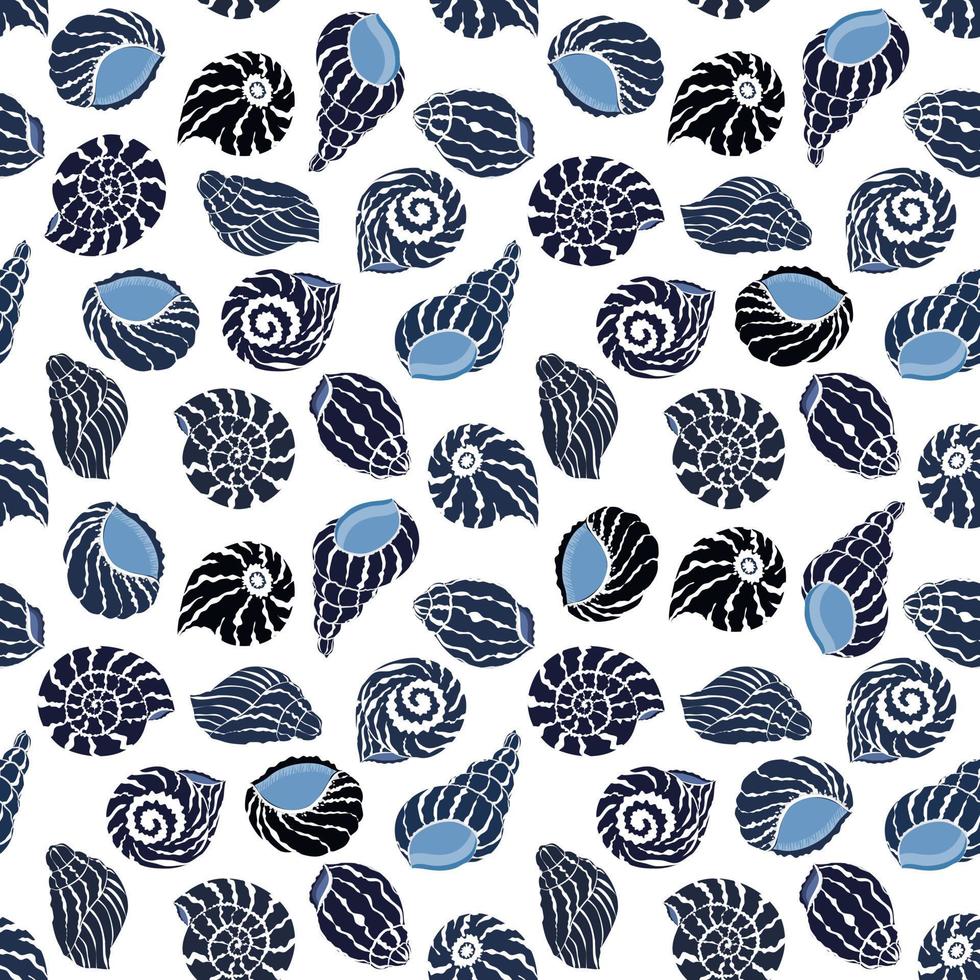 vector naadloos patroon met blauw zeeschelp, illustratie abstract schaaldieren tekening Aan wit achtergrond voor mode kleding stof textiel afdrukken, behang en papier omhulsel