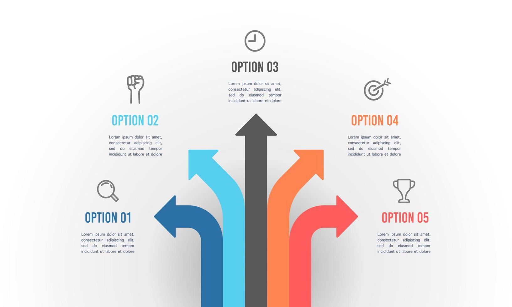 infographic kleurrijk pijl tweesprong 5 opties. vector