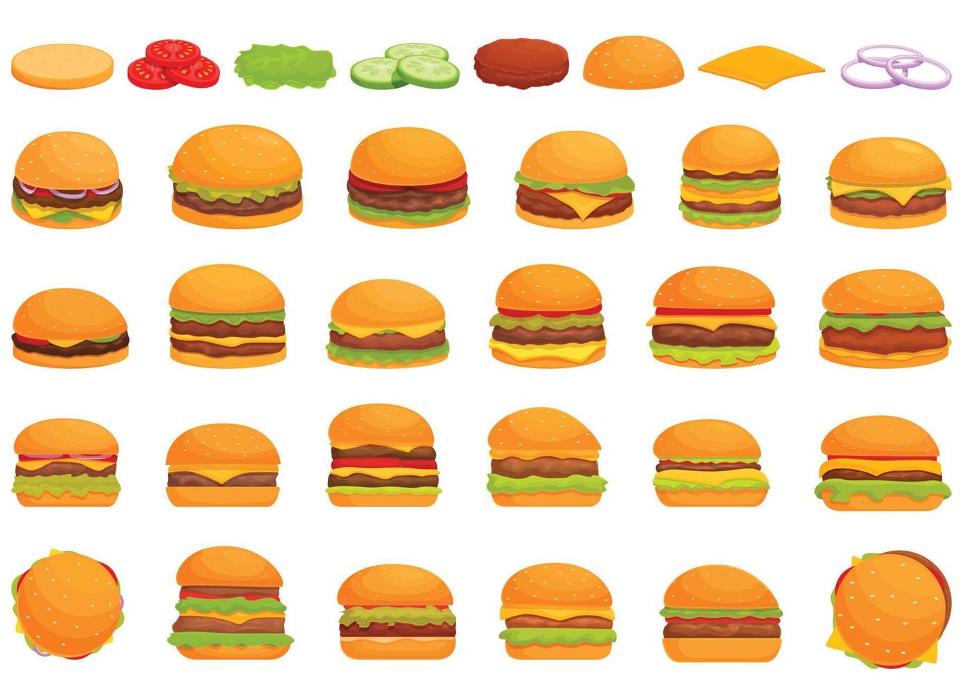 Hamburger pictogrammen reeks tekenfilm vector. hamburger voedsel vector