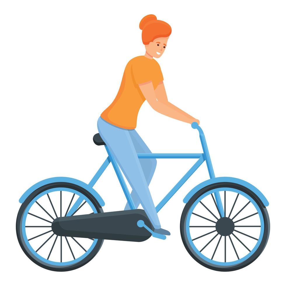 vrouw rijden fiets icoon, tekenfilm stijl vector