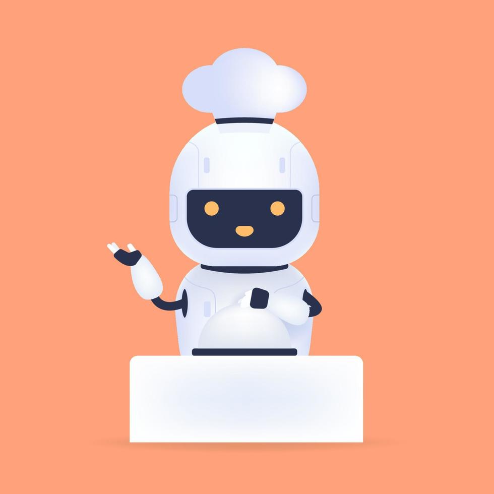 wit vriendelijk chef robot met voedsel Aan tafel. Koken robot kunstmatig intelligentie- concept. vector