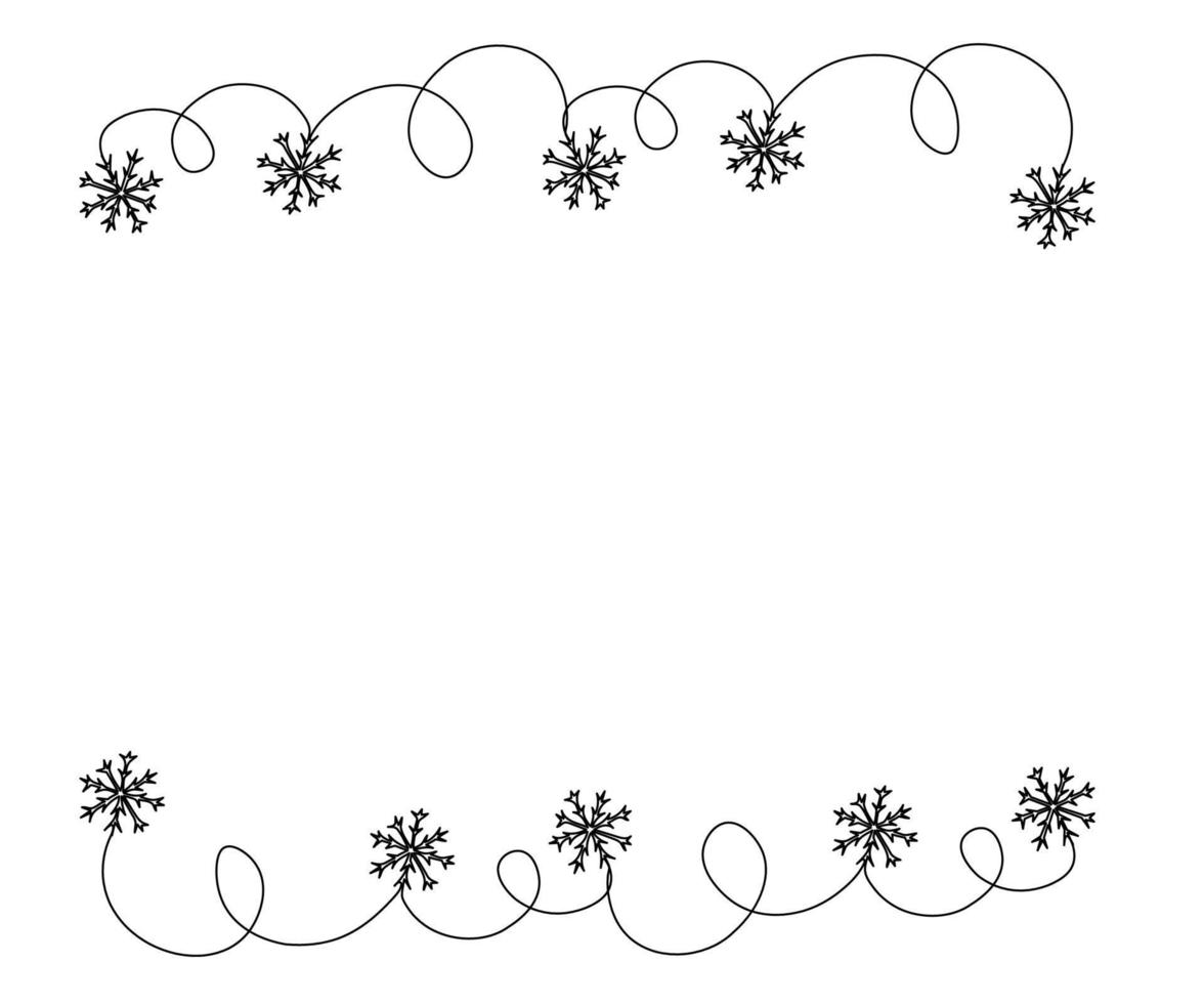 zwart en wit achtergrond, kader van sneeuwvlokken hand getekend in de stijl van een lijn kunst, minimalisme vector