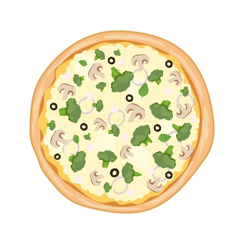 vegetarisch pizza met paddestoelen, broccoli en olijven. geheel pizza geïsoleerd Aan de wit achtergrond. top visie. vlak vector illustratie