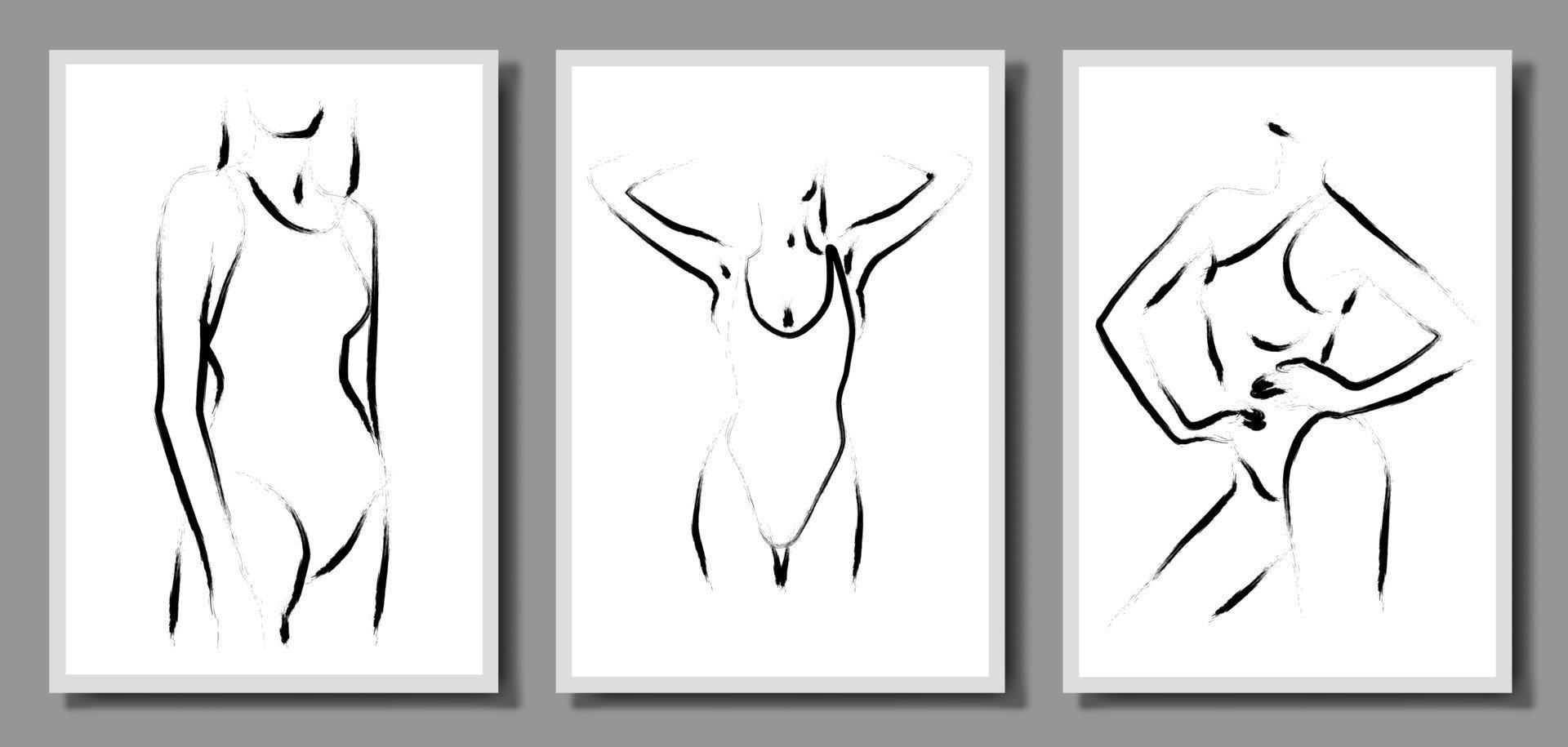 drie illustraties. vector reeks van illustraties van een mooi vrouw lichaam. minimalistisch lineair vrouw figuur. abstract ondergoed.