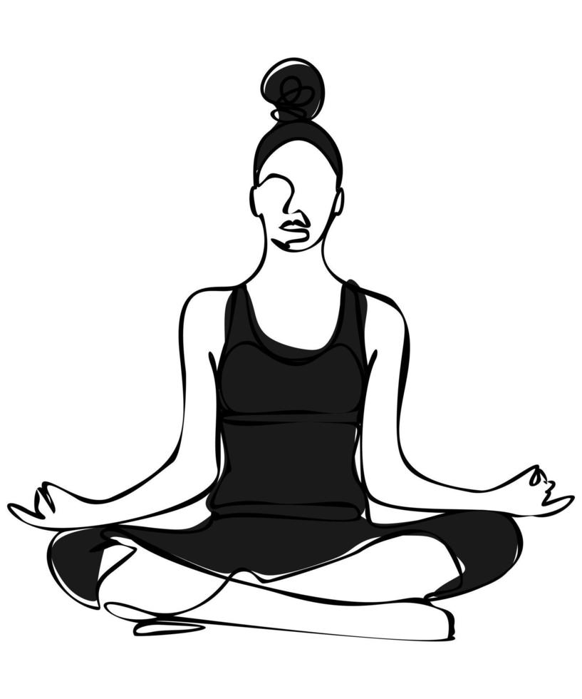 vrouw aan het doen oefening in yoga houding. lotus positie. vector silhouet illustratie geïsoleerd Aan wit achtergrond. Internationale yoga dag concept. yoga logo