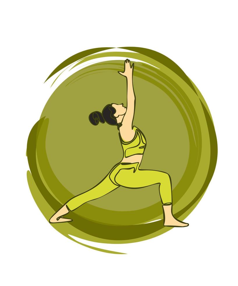 Internationale yoga dag vector. meditatie praktijk yoga kleurrijk geschiktheid concept. een meisje blijft in een krijger houding beschrijven de vorm van een cirkel met handen vector