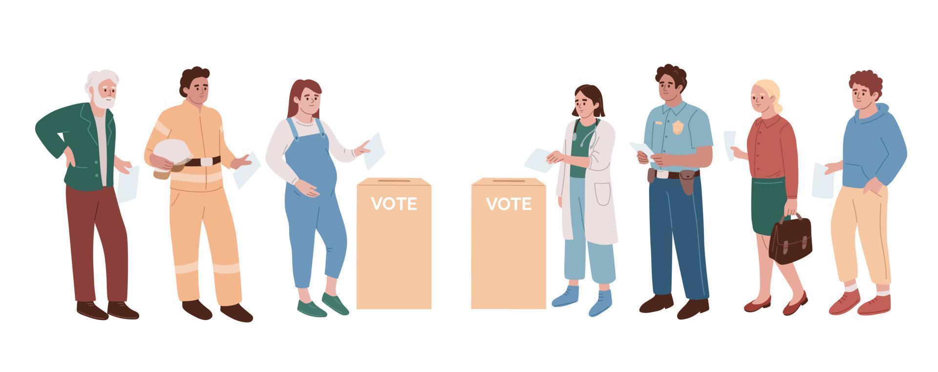 verschillend mensen het werpen stemming papieren in de stemming dozen. gieten stembiljetten Bij de peiling paleis. groep van kiezers, electoraat staand in lijn. democratie concept. vlak vector illustratie.