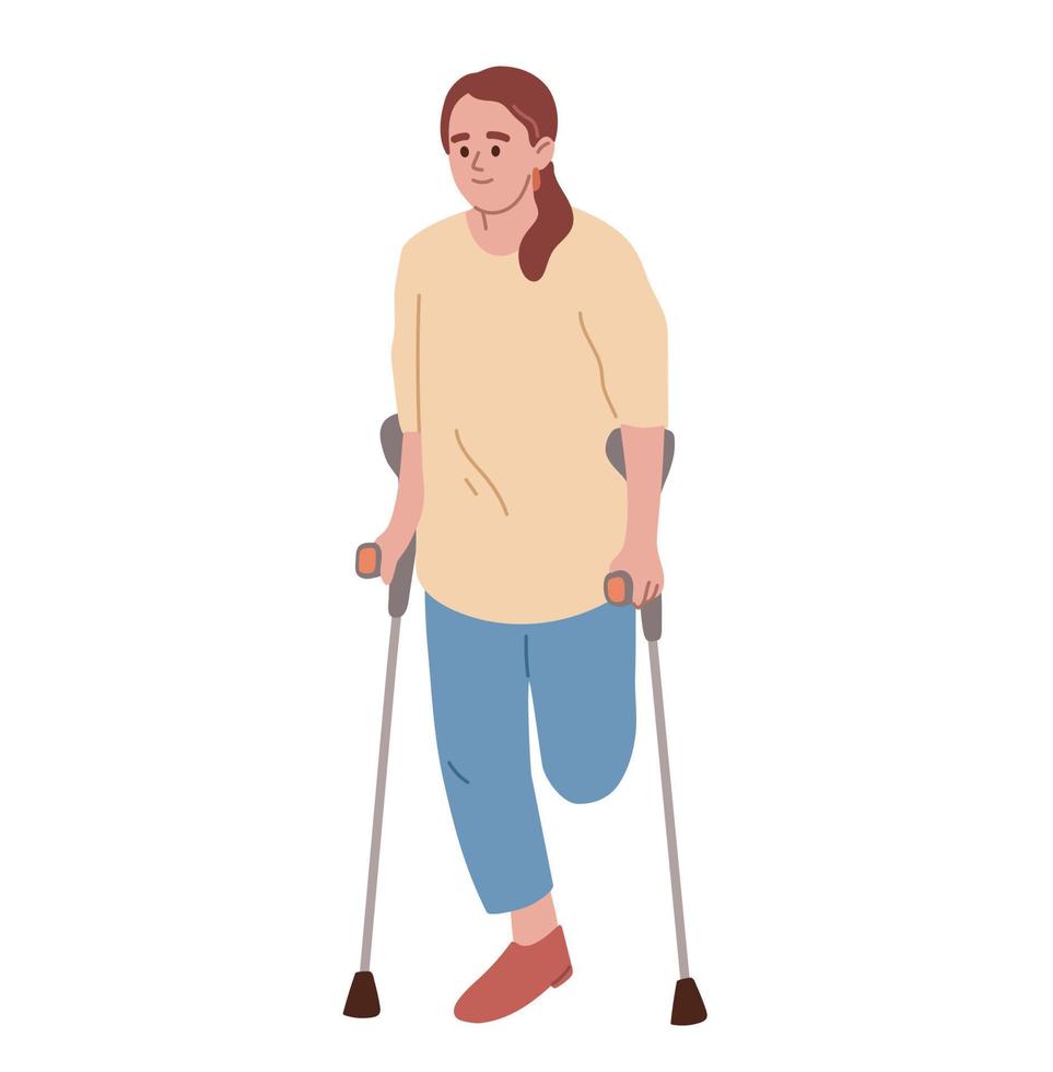 jong vrouw zonder been Aan krukken. gehandicapt persoon zonder been. ledemaat amputatie. vlak vector illustratie.