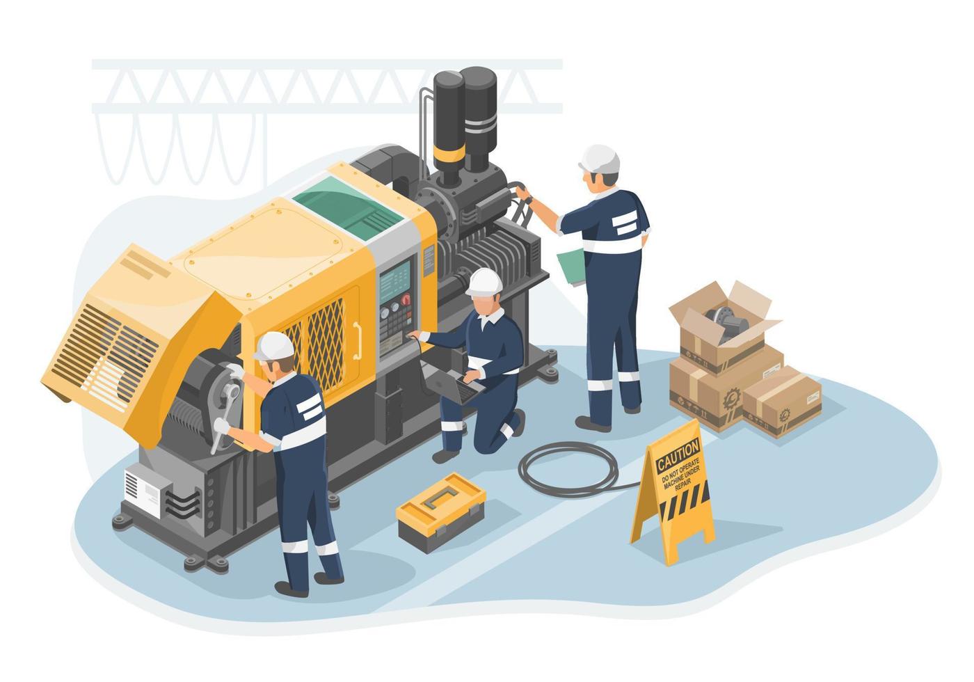 ingenieur onderhoud concept mislukking machine isometrische industrieel werknemer arbeider vaststelling in fabriek element Aan wit achtergrond geïsoleerd vector