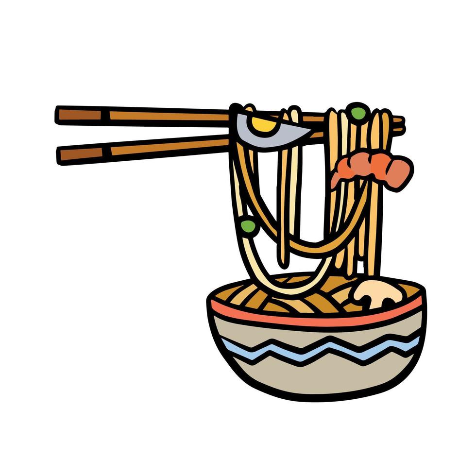 ramen noedels en houten stokjes in schaal. eetstokjes met lang pasta. Aziatisch Japans en Chinese voedsel. vector