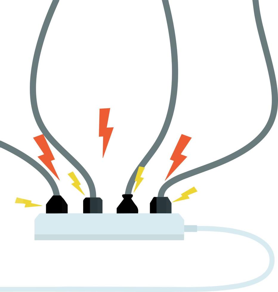 elektrisch circuit. schok, rood bliksem en geel vonken van de uitlaat. connector en plug. systeem overbelasten. de probleem met de apparaat. brand situatie met rook en veiligheid. vector