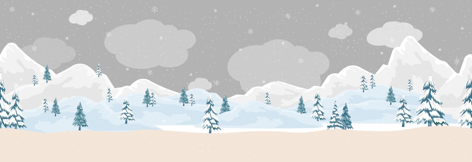 naadloos patroon winter tafereel in dorp, vector breed panorama patroon schattig natuur landelijk, bergen met besneeuwd in Woud pijnboom boom Aan winter voor Kerstmis spandoek, behang achtergrond