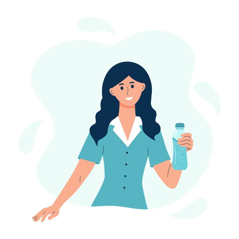 jong vrouw Holding een fles van water. gezond levensstijl, eetpatroon, Gezondheid zorg, gezond gewoonten en de dagelijks tarief van water concept. vector