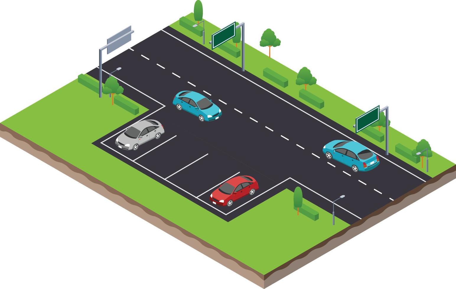 isometrische tafereel van parkeren plek in snelweg verkeer weg met auto vector