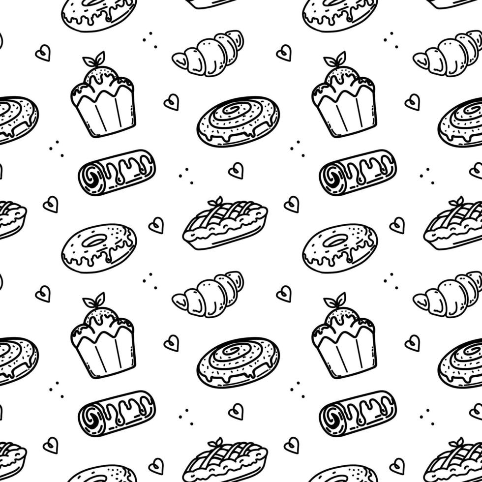 een naadloos patroon van hand getekend doodle-stijl gebakken goederen en gebakjes. verzameling van verschillend soorten van brood, croissant, stokbrood, scones, muffin, muffin. vector schattig illustraties Aan wit