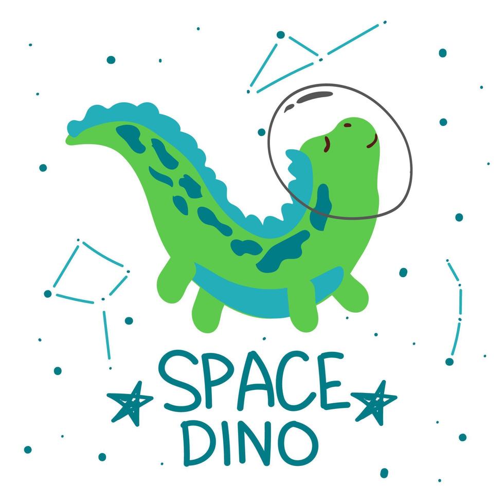 schattige ruimtedinosaurus met een planeet, sterren en kometen eromheen. vlakke stijlvector. dinosaurus-astronaut. kan worden gebruikt voor ansichtkaarten, kindermode, textiel, stoffen, posters, t-shirts vector