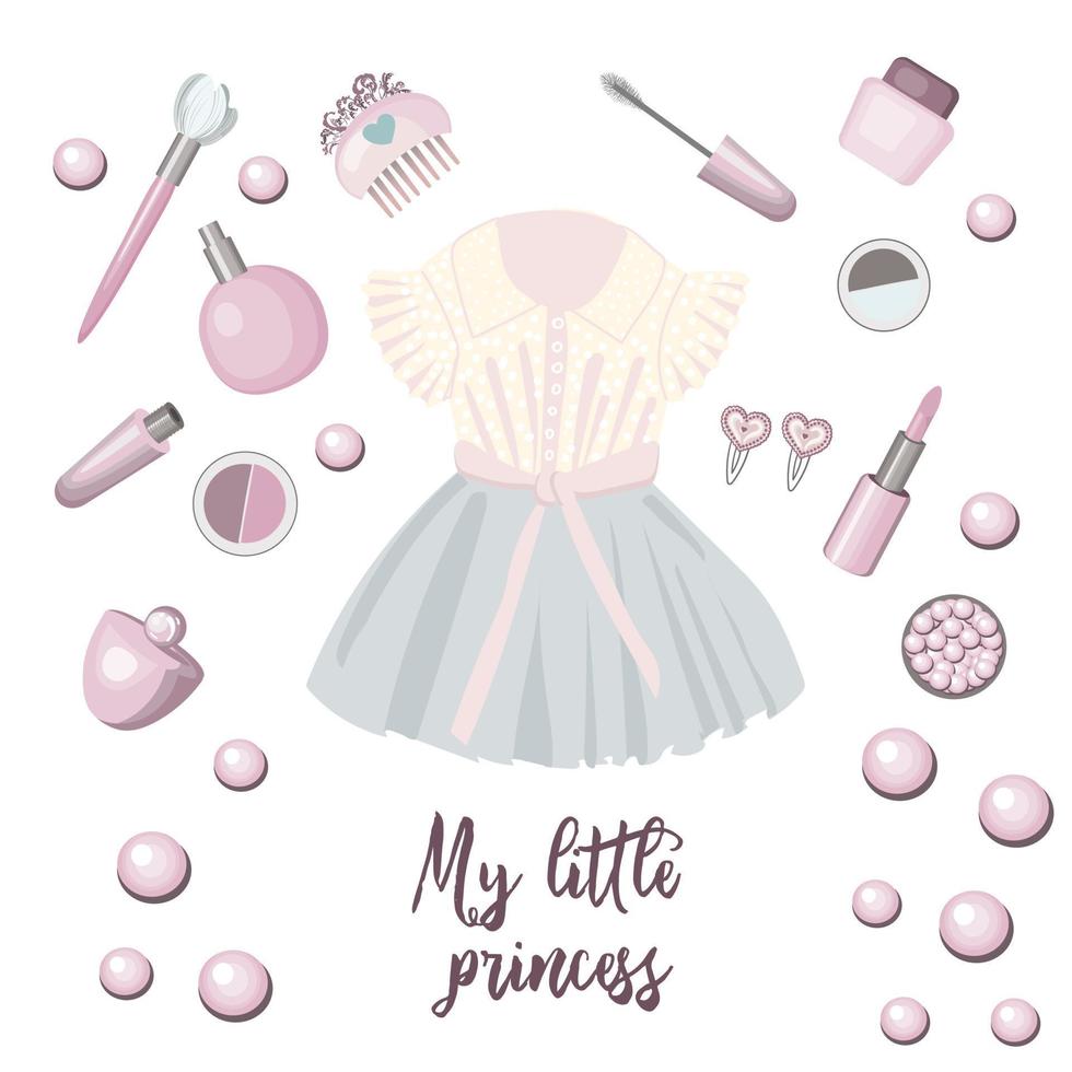kinderen jurk is mooi. tule en veter. jurk omhoog partij slijtage voor meisjes. prinses kostuum. perzik en roze kleuren. vector illustratie geïsoleerd Aan een wit achtergrond.