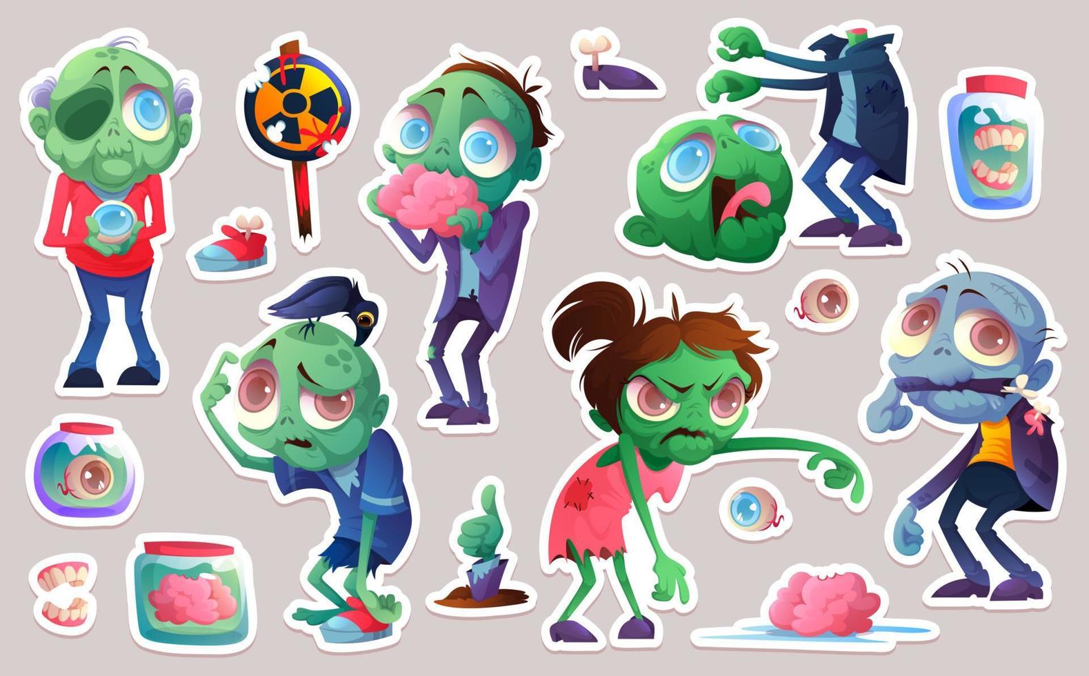 reeks van stickers tekenfilm zombie, grappig tekens vector