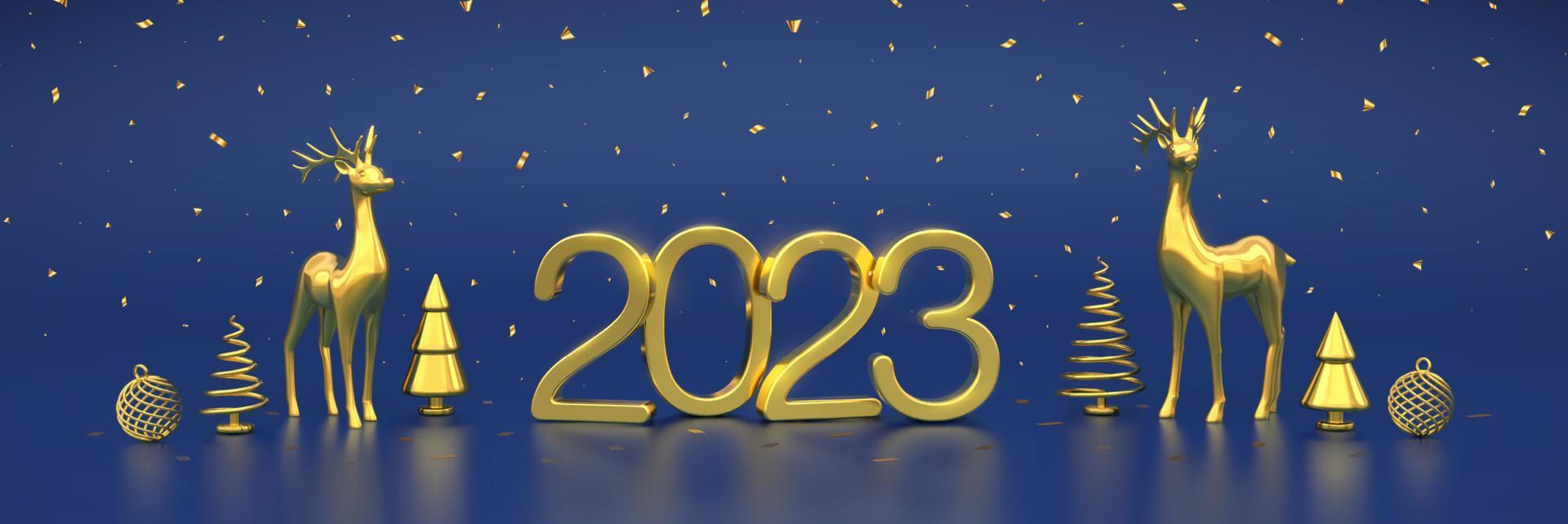 gelukkig nieuw 2023 jaar. gouden metalen getallen 2023 met goud herten, geschenk dozen, gouden metalen pijnboom of Spar, ijshoorntje vorm net bomen, schijnend ballen en confetti Aan blauw achtergrond. vector illustratie.