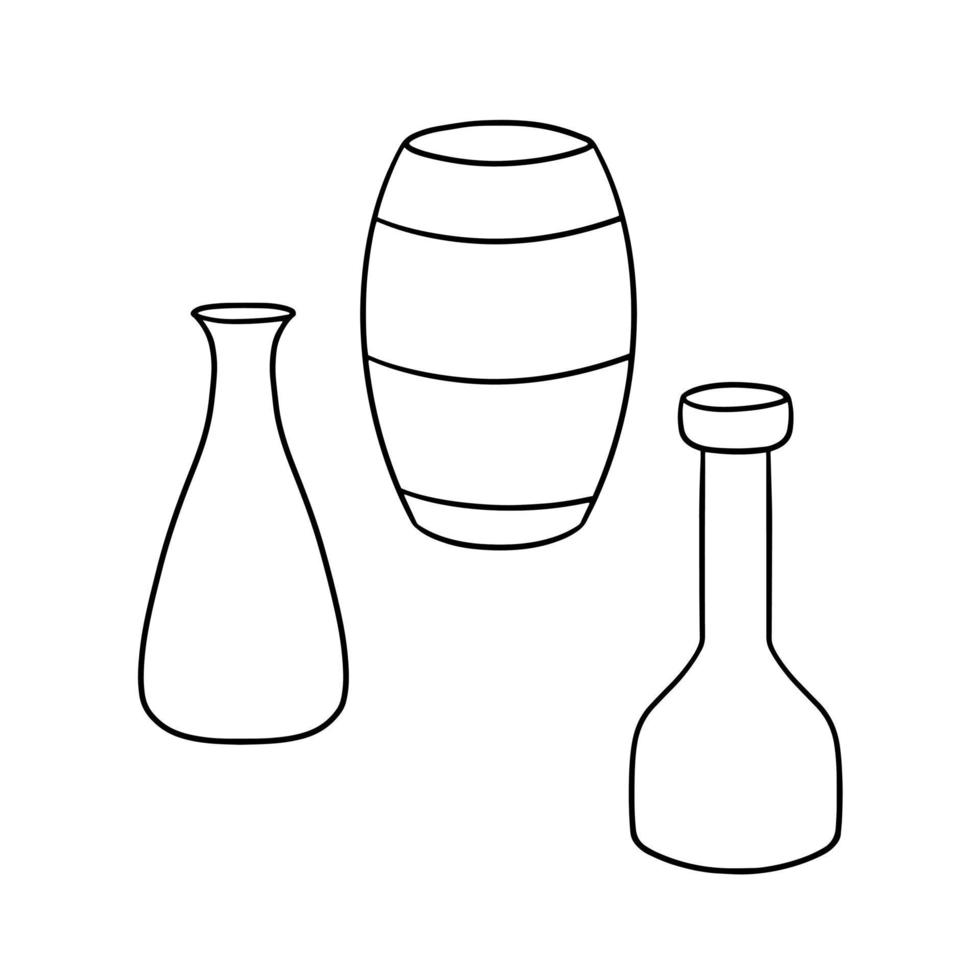 monochroom icoon set, hoog keramisch bloem vaas met een versmallen nek, fles, vector illustratie in tekenfilm stijl