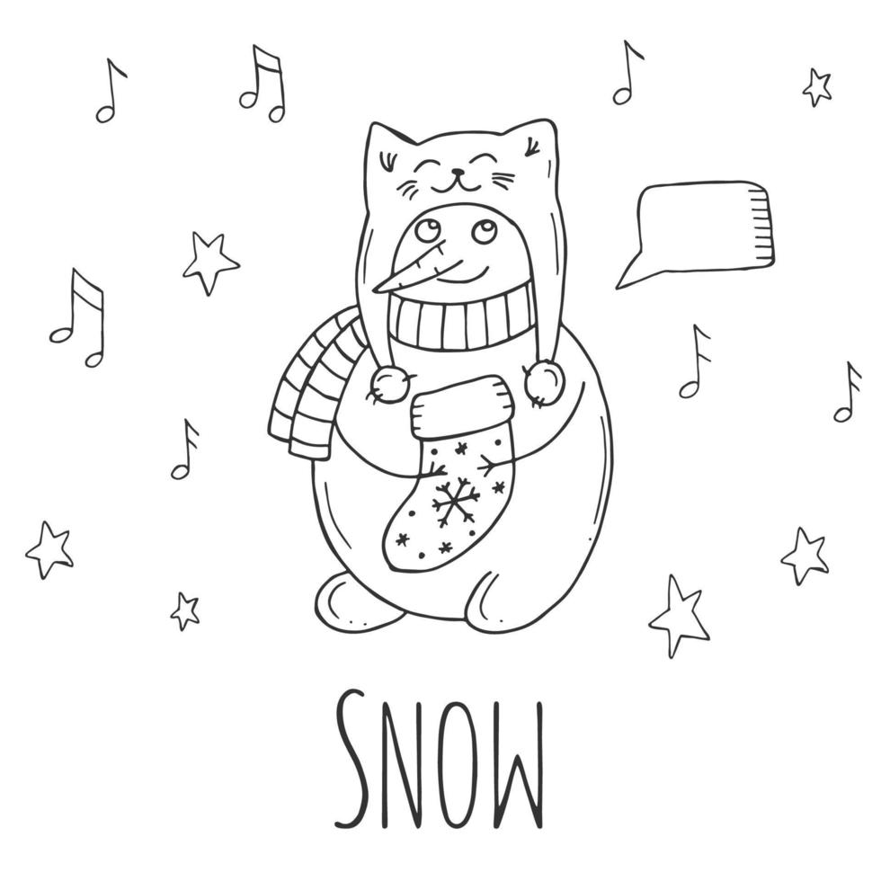 schattige sneeuwpop met sterren en notities op een witte achtergrond. vectorillustratie in doodle stijl. winterse stemming. hallo 2023. prettige kerstdagen en gelukkig nieuwjaar. vector