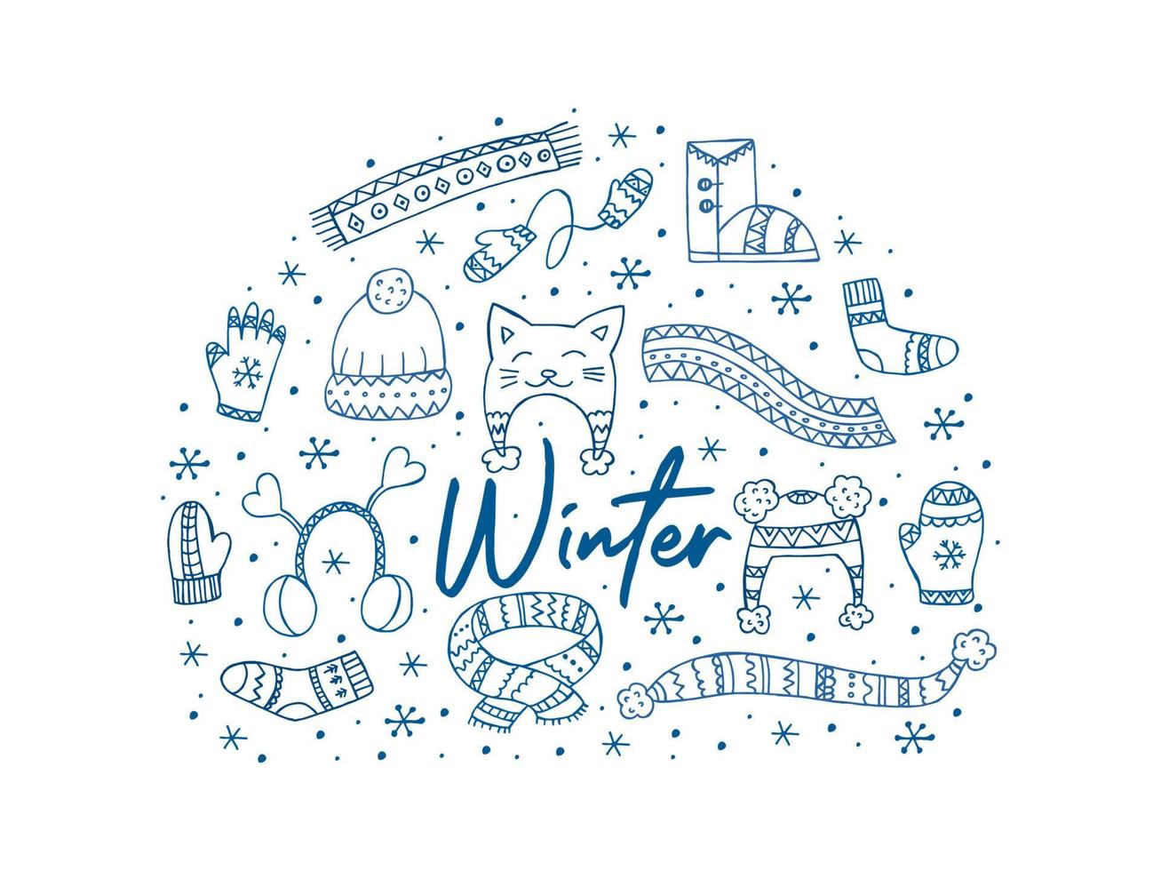 een set handgetekende winterkleding. vectorillustratie in doodle stijl. winterse stemming. hallo 2023. prettige kerstdagen en gelukkig nieuwjaar. blauwe elementen in de vorm van een cirkel op een witte achtergrond. vector