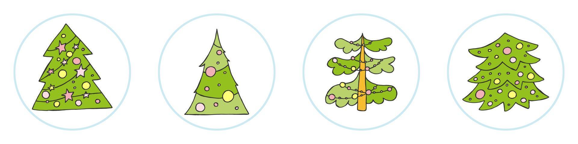 een handgetekende kerstboom. vectorillustratie in doodle stijl. winterse stemming. hallo 2023. prettige kerstdagen en gelukkig nieuwjaar. groene bomen met geel en roze speelgoed op een witte achtergrond. vector