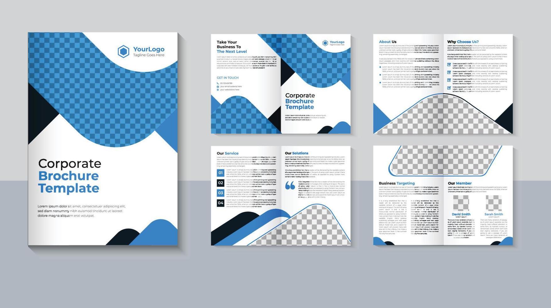 bedrijf 8 bladzijde brochure ontwerp, bedrijf profiel brochure sjabloon, blauw kleur, pro vector