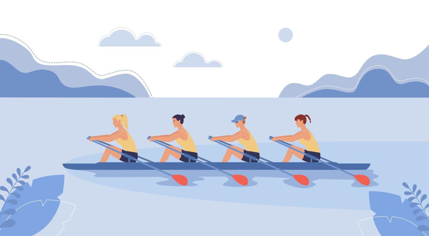 vier vrouw atleten zijn zwemmen Aan boot. de concept van roeien wedstrijden. vector illustratie in vlak ontwerp stijl.