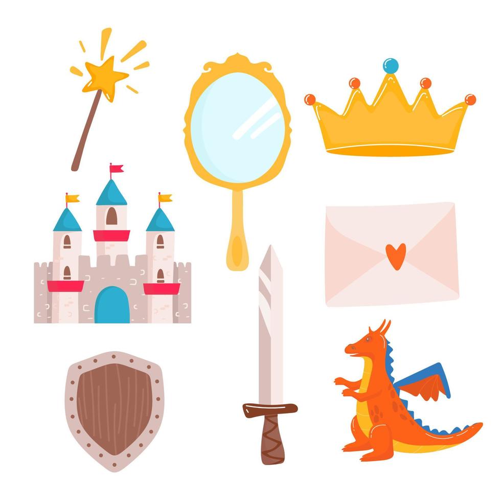 hand- getrokken reeks van fee verhaal en magie prinses elementen op slot doen, kroon draak, sleutel, toverdrank zwaard, spiegel, paard, magie toverstok. besnoeiing geïsoleerd vector illustratie voor meisje thema's ontwerp