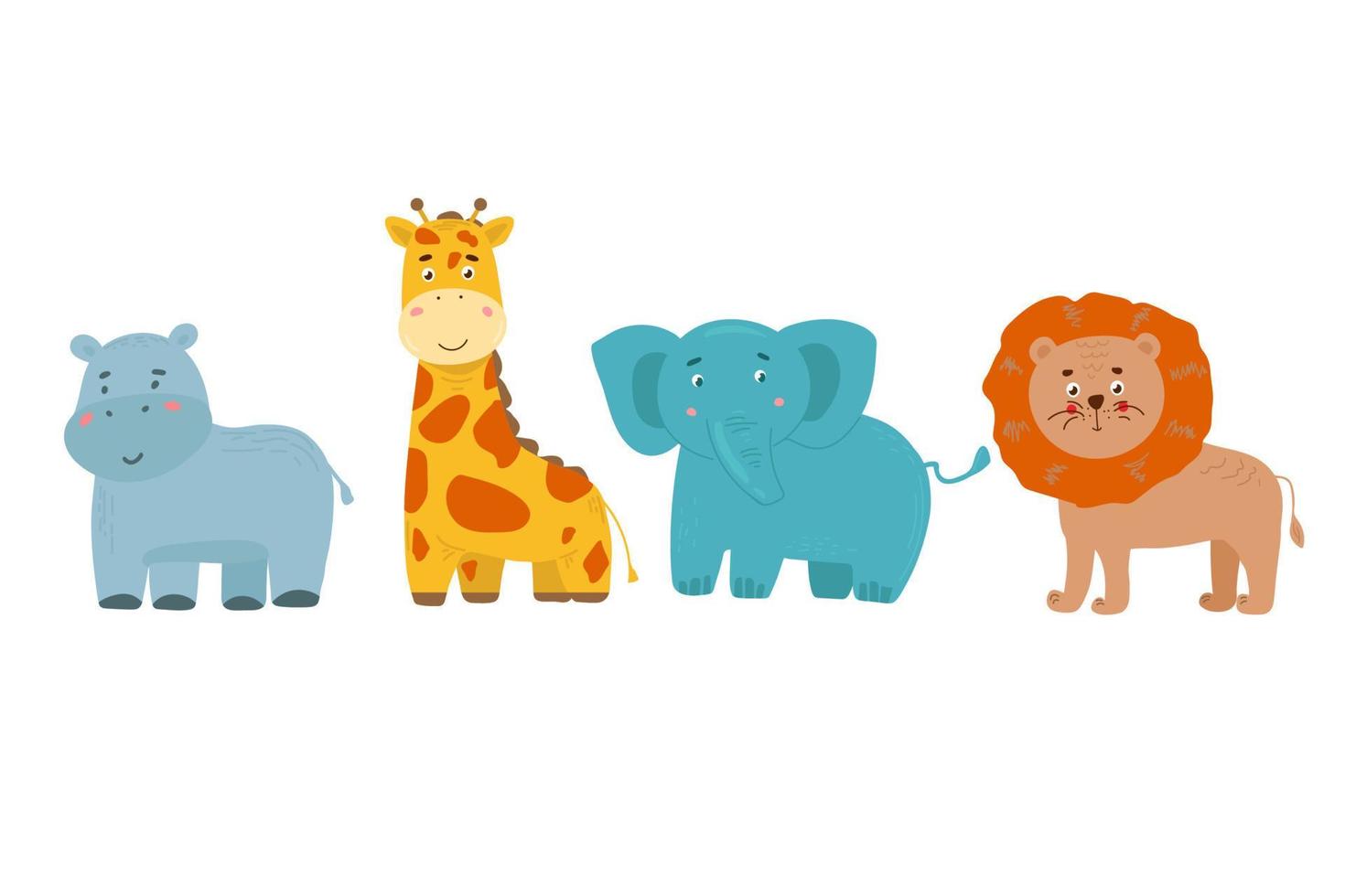 bos- karakters. tekenfilm schattig dieren voor baby kaarten. nijlpaard, leeuw, giraffe, olifant vector