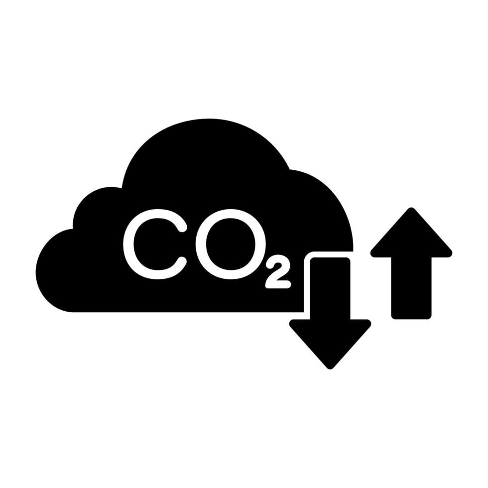 vermindering kas symbool. koolstof dioxide verontreiniging in lucht glyph pictogram. co2 met wolk emissie gas- silhouet icoon. atmosfeer besmetting, klimaat effect icoon. geïsoleerd vector illustratie.