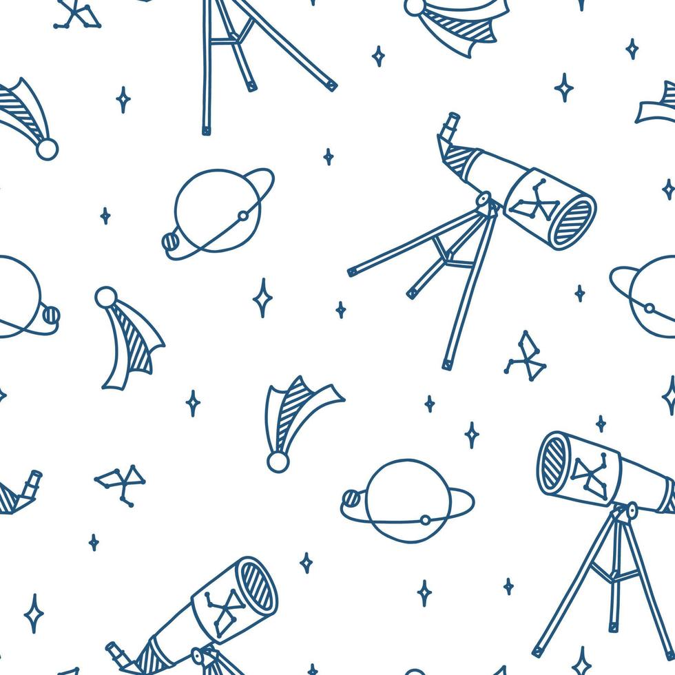 ruimte tekening met telescoop, planeten, maan, sterren en kometen. buitenste ruimte naadloos patroon. hand- getrokken vector illustratie