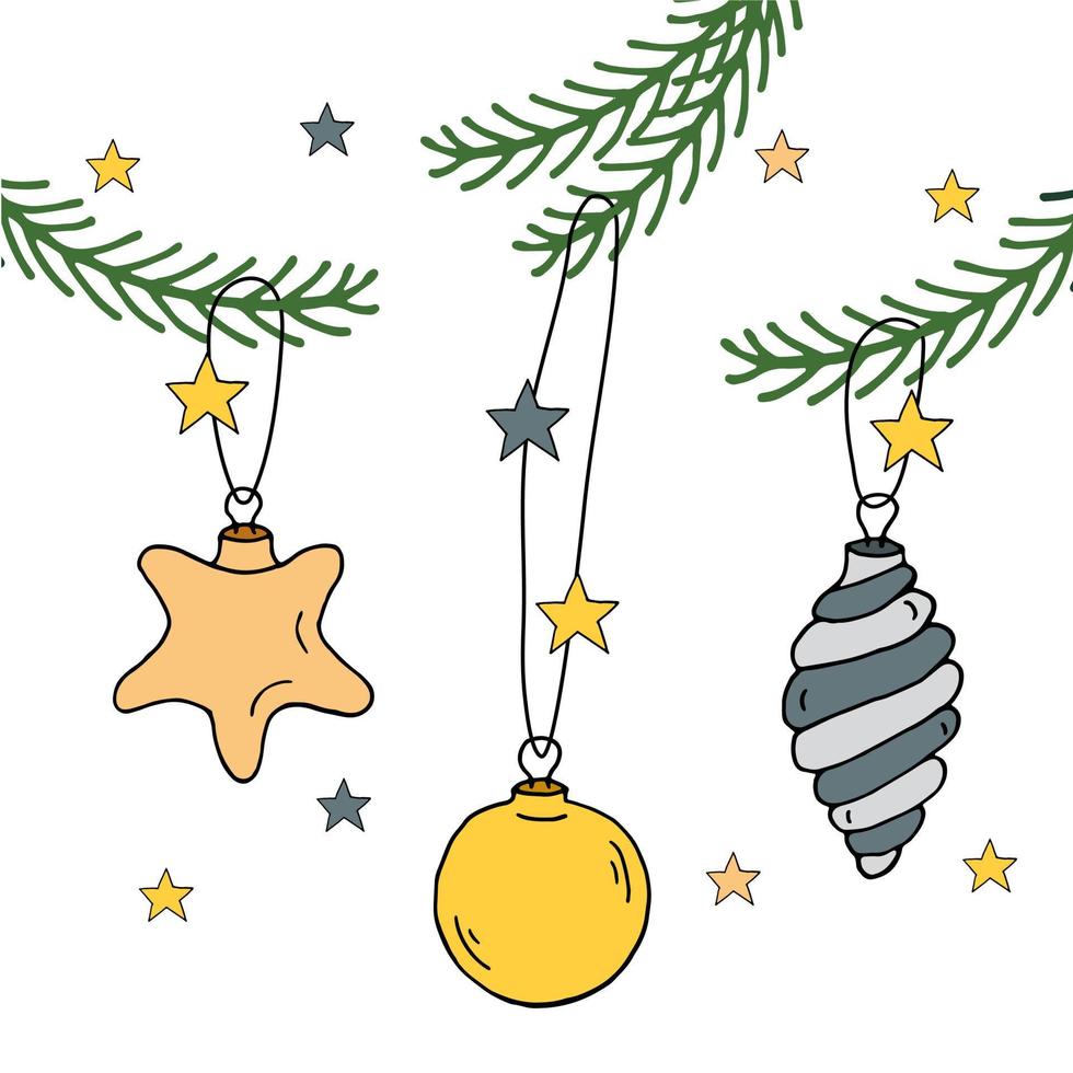 Kerstmis ballen spiraal, sterren, boom brunch. groente, geel, grijs, beige. vector illustratie.