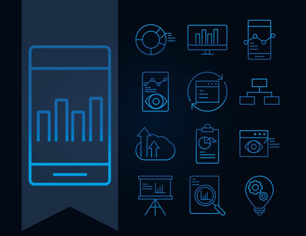 gegevensanalyse, bedrijfs- en marketingstrategie icon set vector