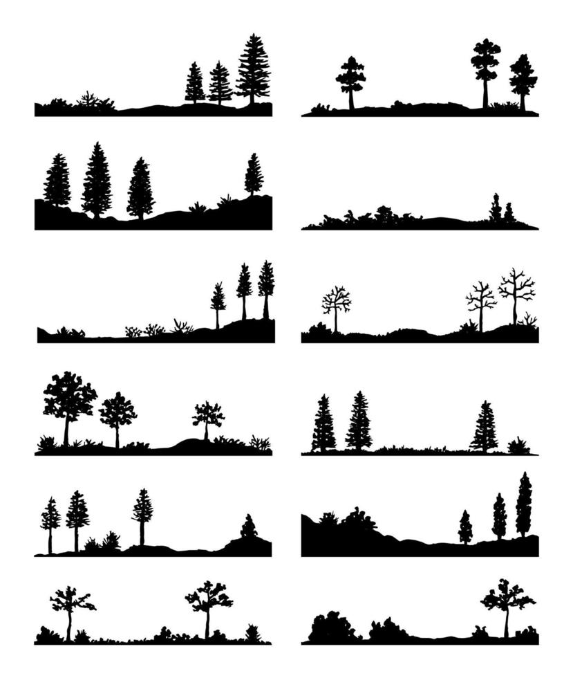 reeks van hand- geschilderd Woud landschap silhouetten. vector