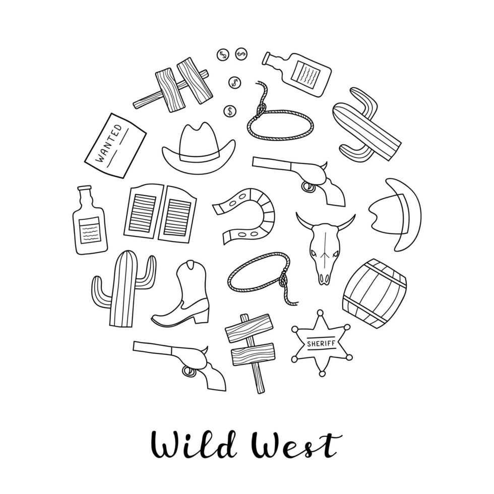 hand- getrokken wild west elementen in cirkel. vector