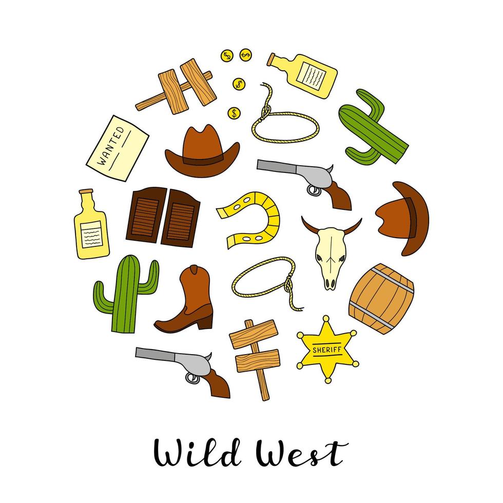 hand- getrokken wild west elementen in cirkel. vector