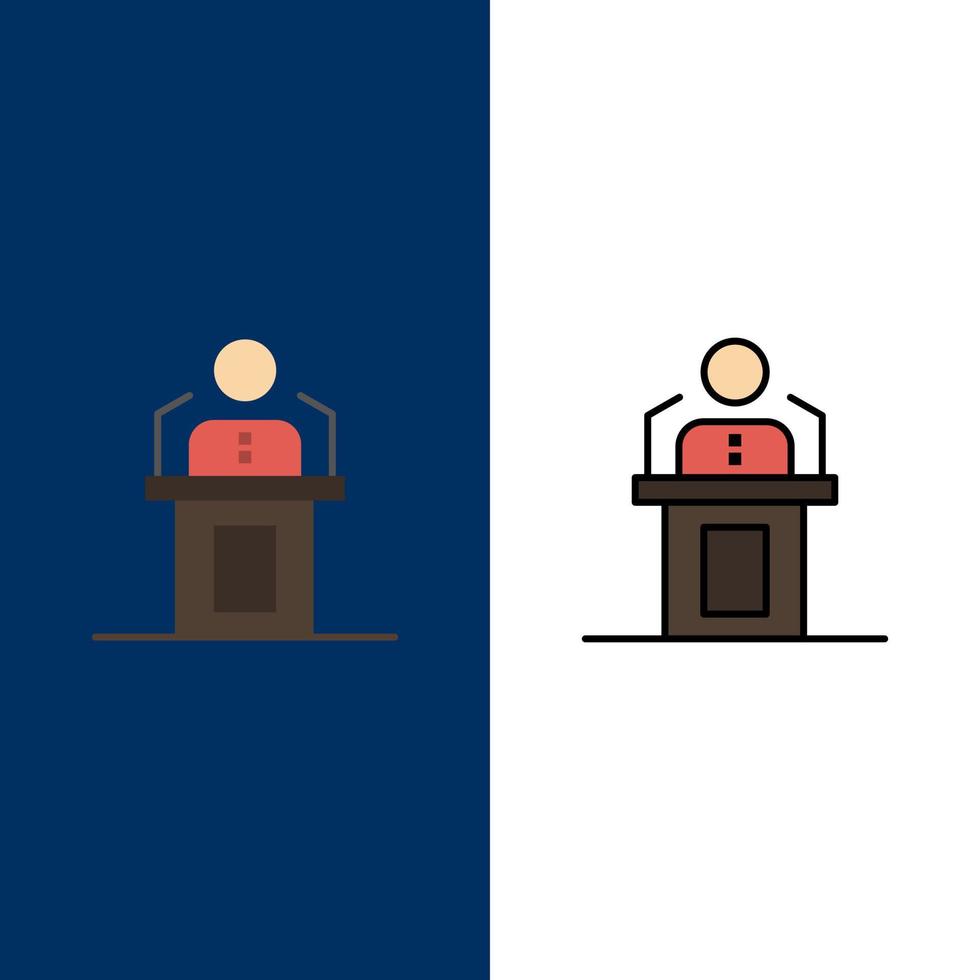 spreker persoon presentatie professioneel openbaar congres toespraak pictogrammen vlak en lijn gevulde icoon reeks vector blauw achtergrond