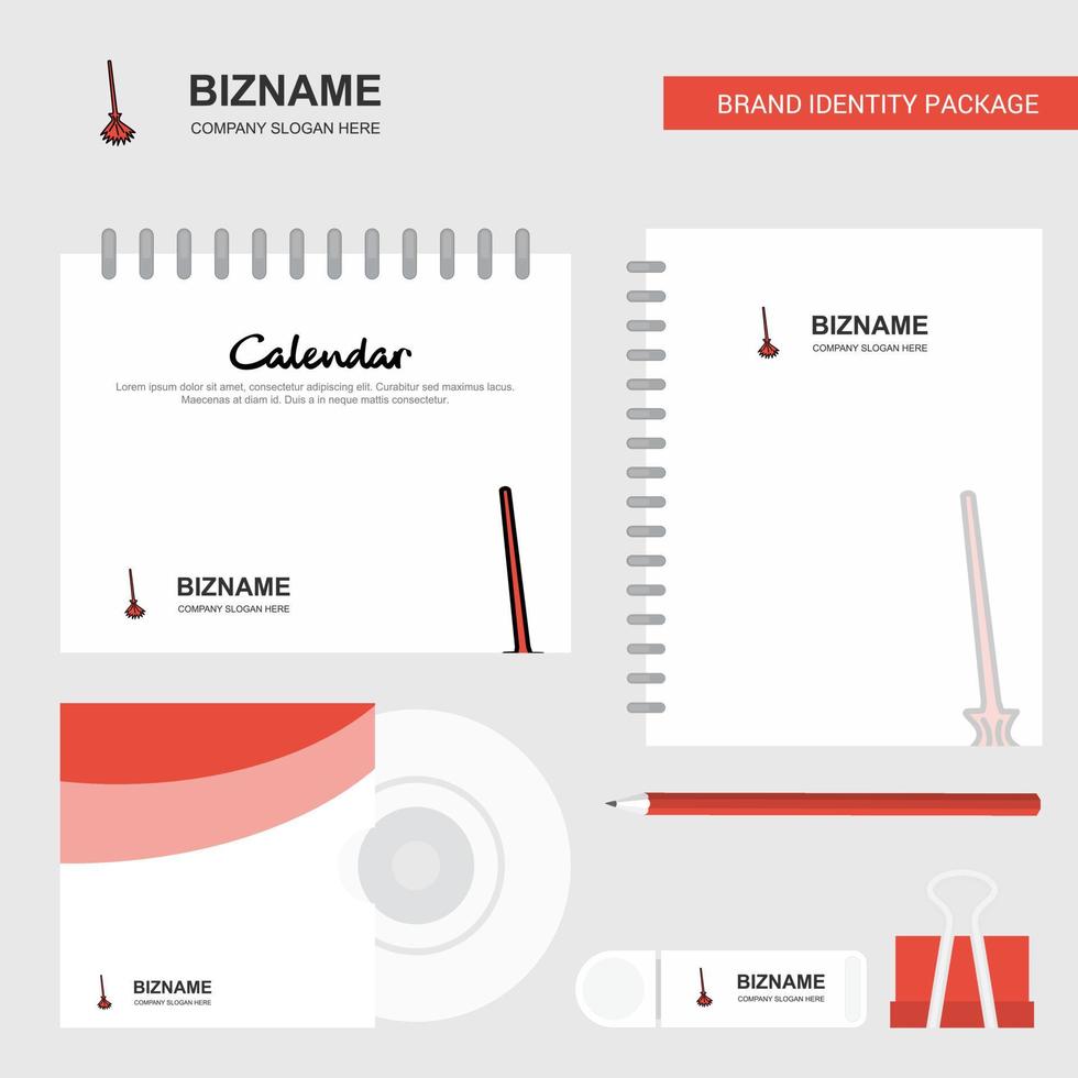 bezem logo kalender sjabloon CD Hoes dagboek en USB merk stationair pakket ontwerp vector sjabloon