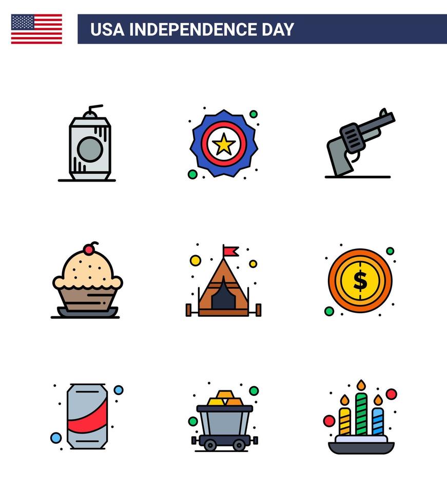 4e juli Verenigde Staten van Amerika gelukkig onafhankelijkheid dag icoon symbolen groep van 9 modern vlak gevulde lijnen van kamp zoet geweer muffin taart bewerkbare Verenigde Staten van Amerika dag vector ontwerp elementen