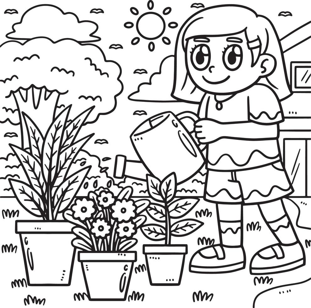 aarde dag meisje gieter planten kleur bladzijde vector