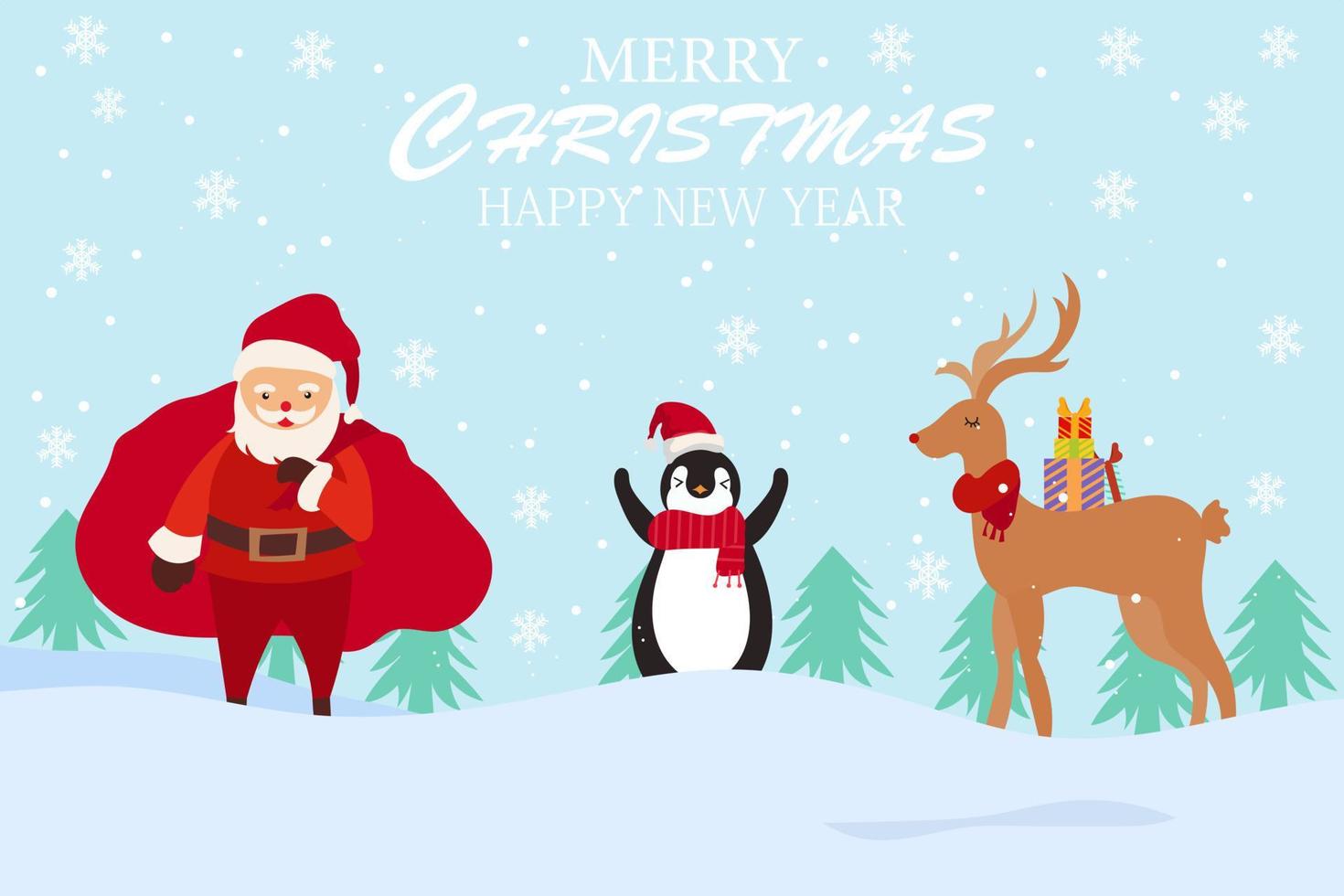 vrolijk Kerstmis en gelukkig nieuw jaar met schattig pinguïn, hert en de kerstman vakantie tekenfilm karakter vector. vector