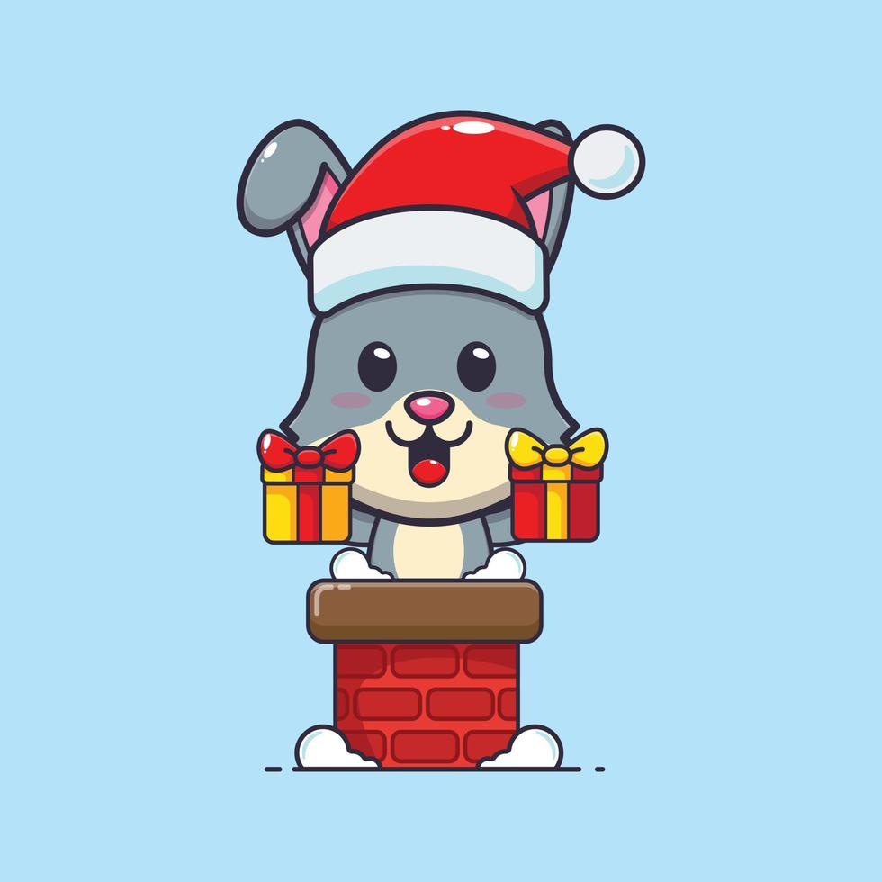 schattig konijn met de kerstman hoed in de schoorsteen. schattig Kerstmis tekenfilm illustratie. vector