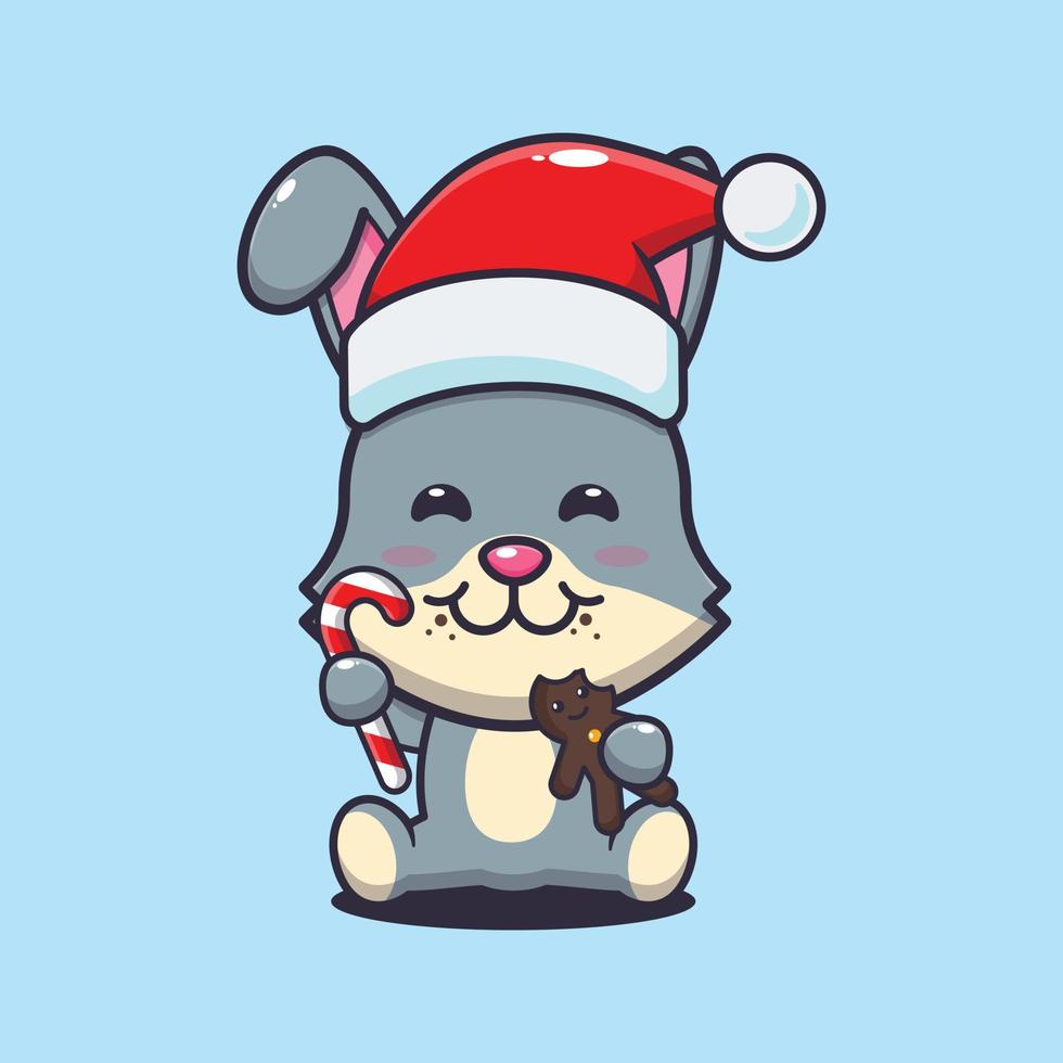 schattig konijn aan het eten Kerstmis koekjes en snoep. schattig Kerstmis tekenfilm illustratie. vector