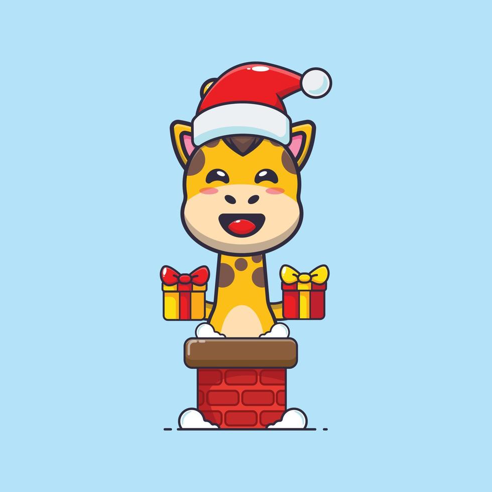 schattig giraffe met de kerstman hoed in de schoorsteen. schattig Kerstmis tekenfilm illustratie. vector