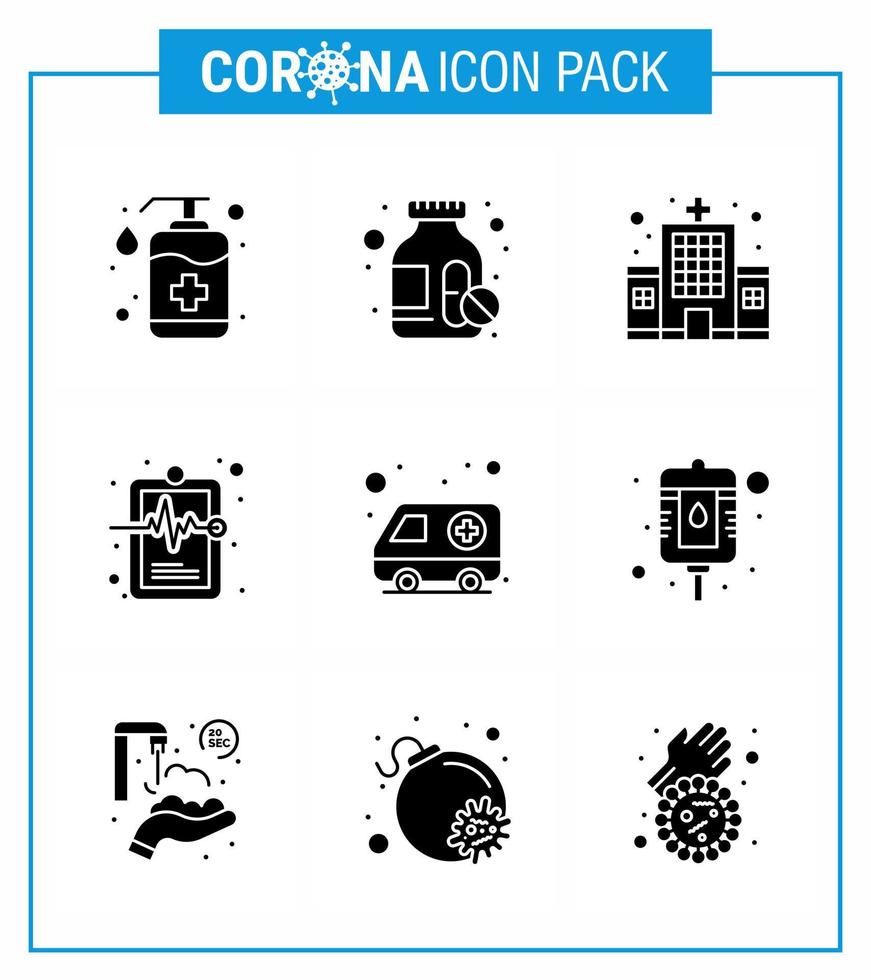 9 solide glyph zwart coronavirus ziekte en het voorkomen vector icoon auto medisch Vermelding Gezondheid zorg ziekte Gezondheid virale coronavirus 2019november ziekte vector ontwerp elementen